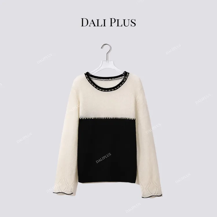 DALI PLUS“马海毛羊毛黑白撞色毛衣”高级拼接针织上衣-D5CH4621
