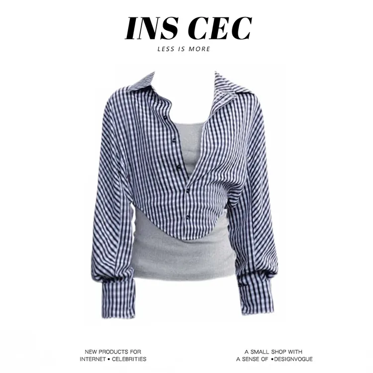 INS CEC秋季新款格纹假两件衬衫拼接背心收腰显瘦设计感衬衣套装