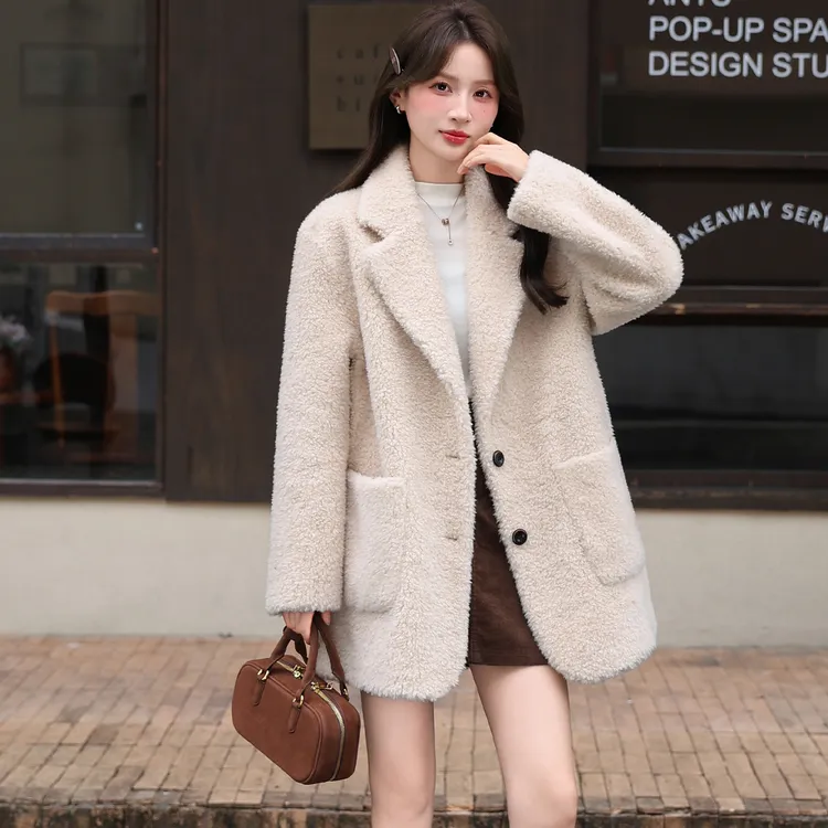 100%羊毛皮毛一体西装外套女中长款宽松羊羔毛大衣秋冬装2025新款