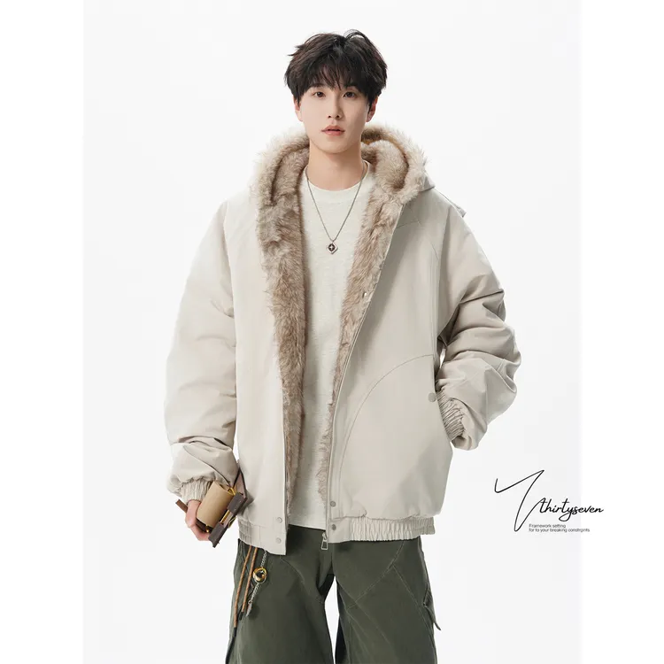 美式重磅大帽子毛领夹克棉服男秋冬潮牌立体解构连帽座山外套棉服