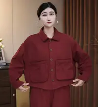 休闲百搭口袋翻领民族风女宽松短外套秋季休闲显瘦女士纯色上衣