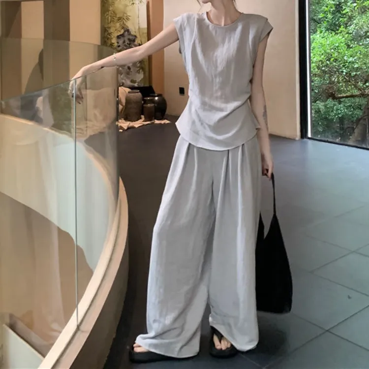 时尚休闲夏季女装百搭洋气韩版网红减龄套装，2025年春季亚麻白浅