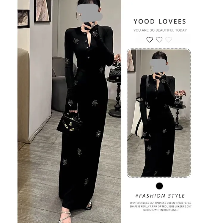 轻奢亮闪闪烫钻时尚黑色连衣裙女2025春秋欧货女人味气质包臀长裙