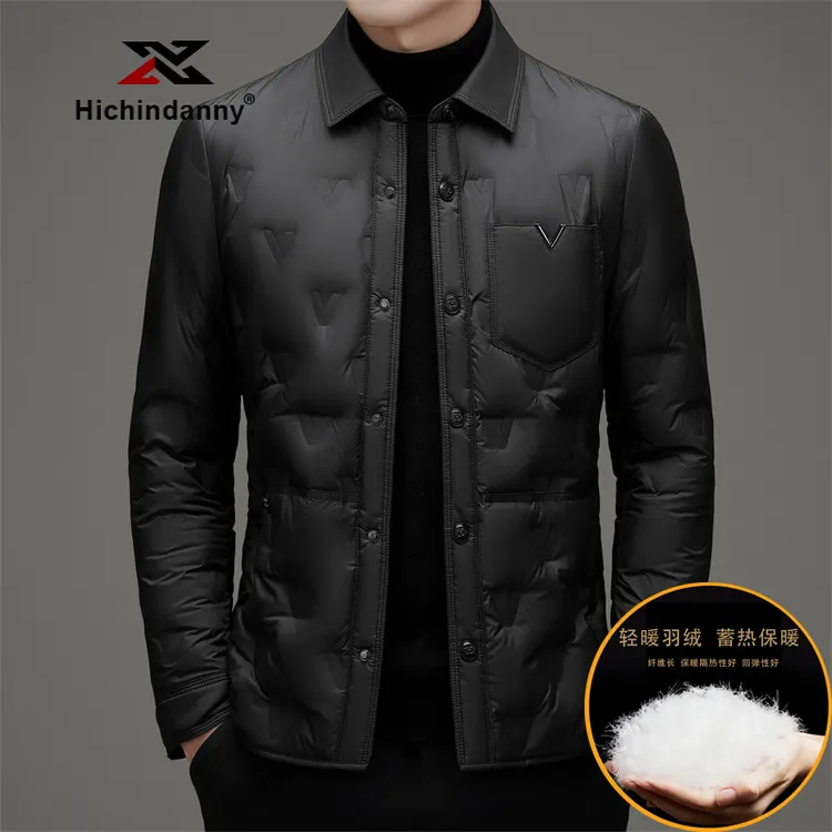 HICHIN衬衫翻领羽绒服男冬季短款时尚休闲外套轻奢白鸭绒轻薄上衣