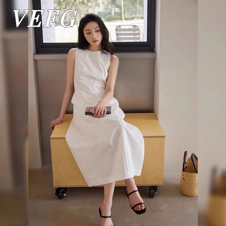 VEFG法式纯色2025夏季无袖背心连衣裙宽松气质御姐时尚收腰显瘦裙