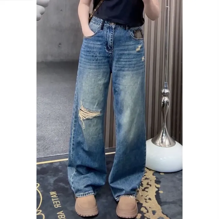 艾塔莉百搭牛仔裤女早秋新款假破洞美式高街水洗宽松高腰阔腿裤子