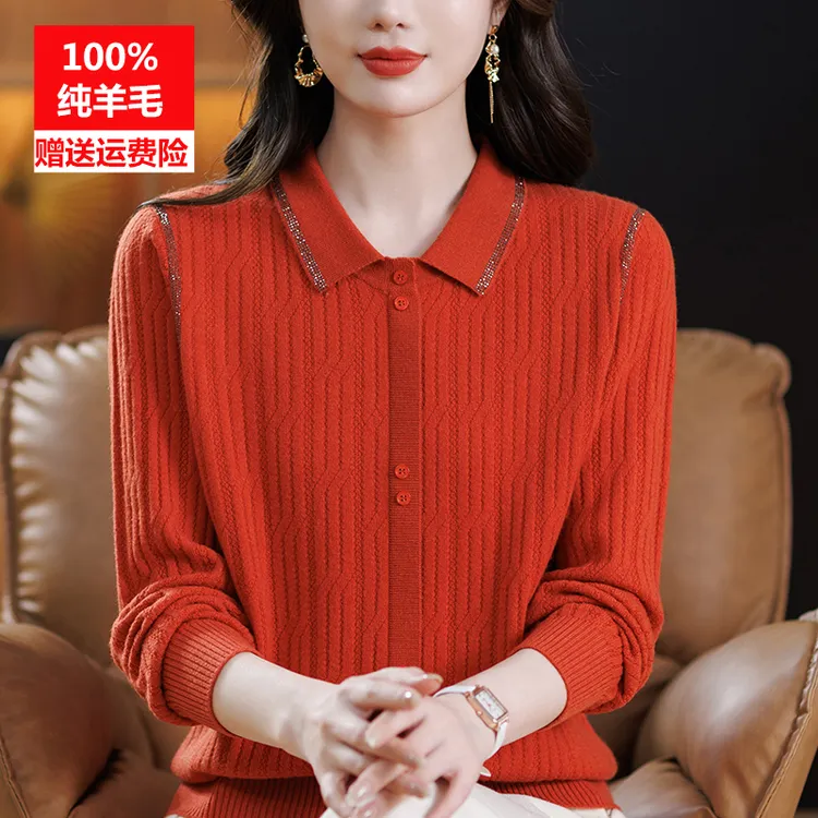 中老年羊毛衫女100纯羊毛妈妈秋冬装翻领纯色打底衫宽松大码毛衣