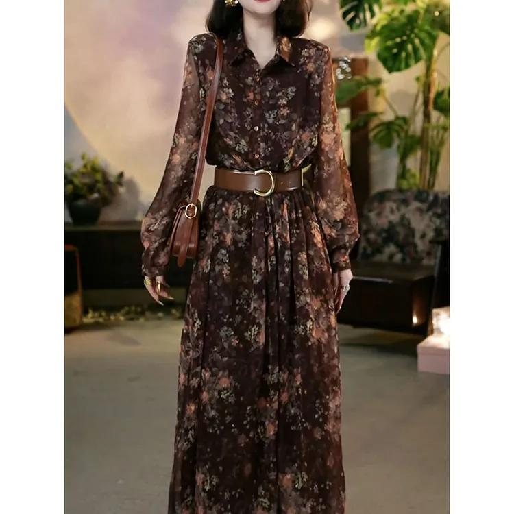 送腰带!高档气质印花长袖连衣裙2025秋季新款民族风显瘦遮肉A字裙