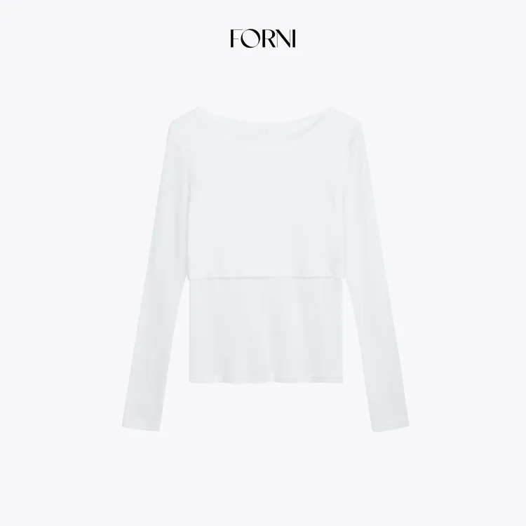 FORNI 奶酪衫 100长绒棉极简设计感拼接双层圆领正肩打底T恤