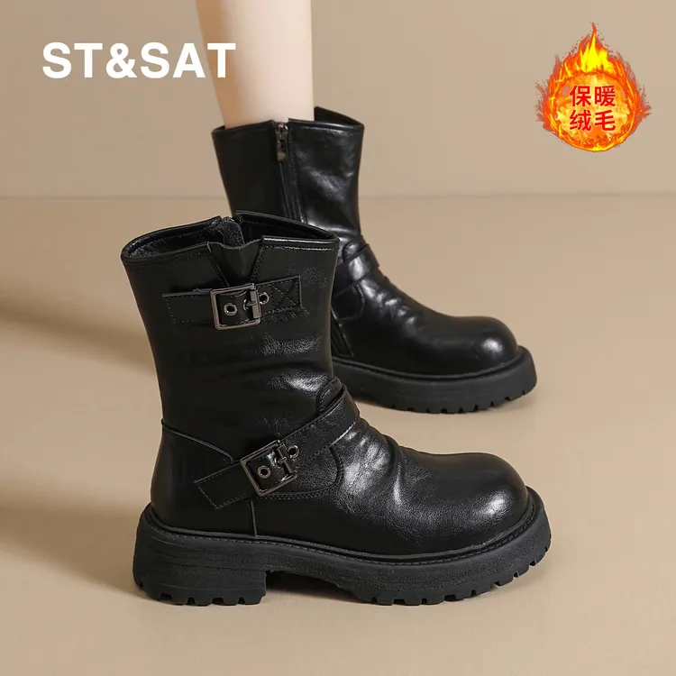 星期六女鞋旗舰店英伦风皮带扣加绒马丁靴2025秋冬新款黑色短靴子