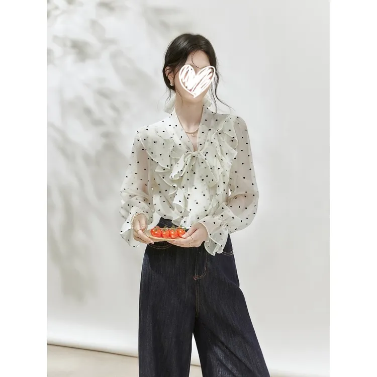 【精致主义】荷叶边小爱心长袖衬衫秋季新款流光风蝴蝶结上衣22380#
