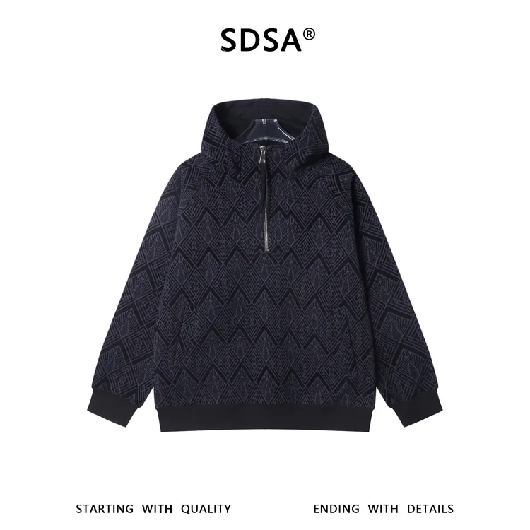 SDSA男士秋冬新款痞帅男装简约撞色菱形半拉链立领连帽卫衣简约潮