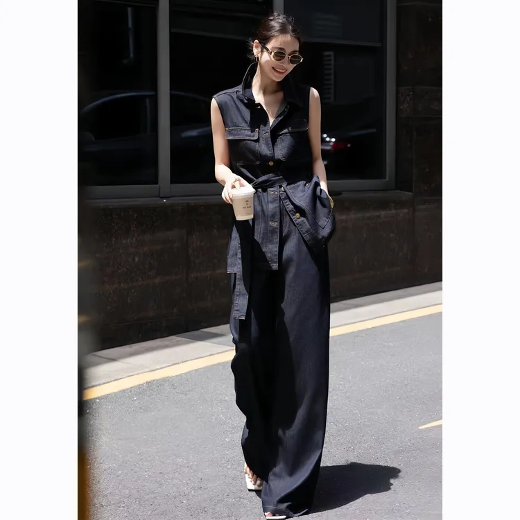 ZEROYK港风复古职业套装设计感深色牛仔配腰带马甲长裤通勤三件套