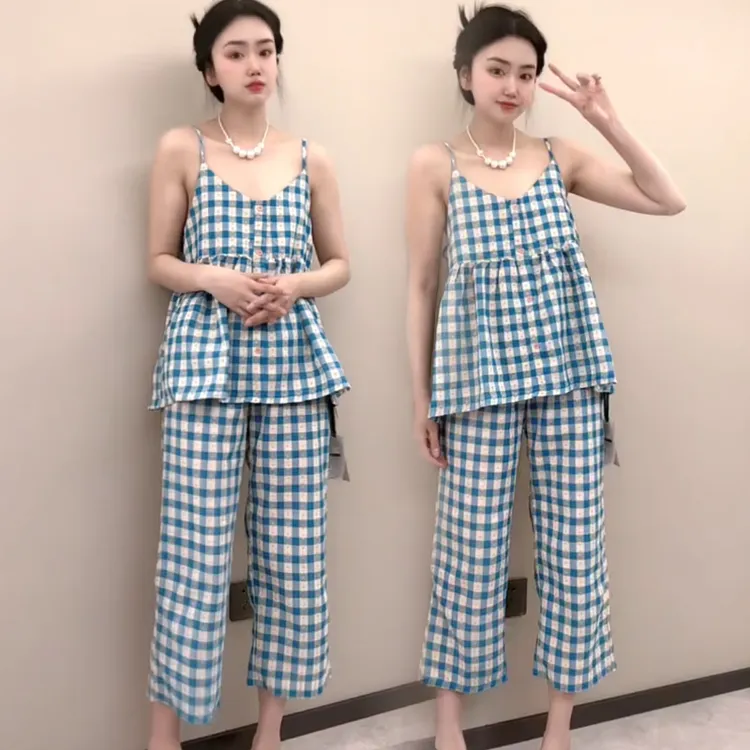 睡衣女春季新款格子吊带睡衣+八分直筒裤时尚休闲家居服两件套潮