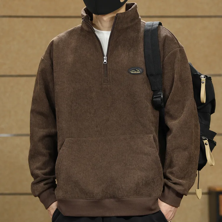 高端重磅美式半拉链立领加绒卫衣男士秋冬新款宽松大码复古Polo衫
