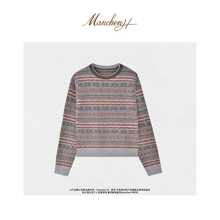 曼辰manchenh"复古回潮"重磅6色羊毛纱圆领拔花针织上衣