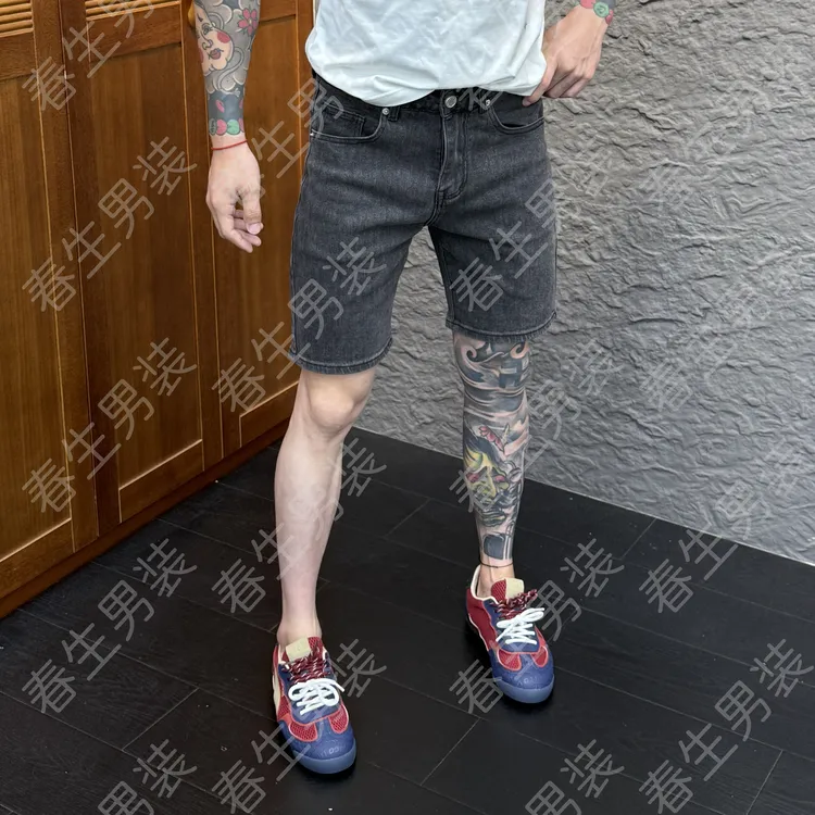 2025春季新款时尚休闲百搭净版修身黑灰色男士牛仔短裤3361