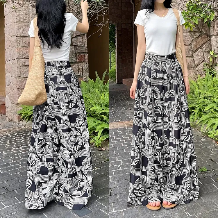 10558新款夏季冰爽透气休闲裤2025复古高腰棉麻花纹垂感阔腿裤女