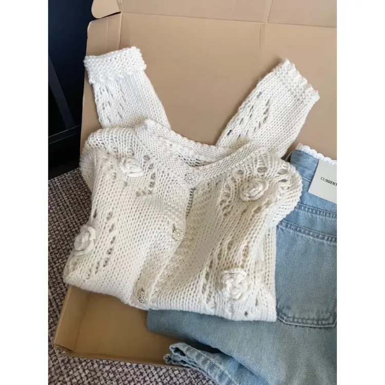 早秋chic上衣针织开衫女士镂空毛衣外套慵懒风高级设计感小众韩系