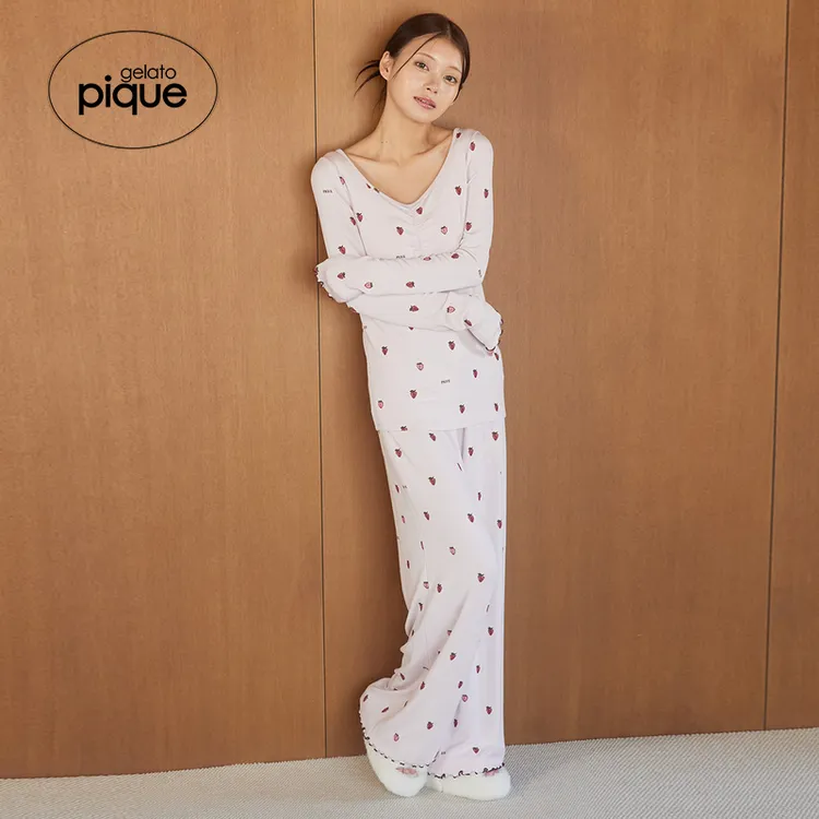 gelato pique25秋冬新品女睡裤小草莓满印卷边长裤居家PWCP255226