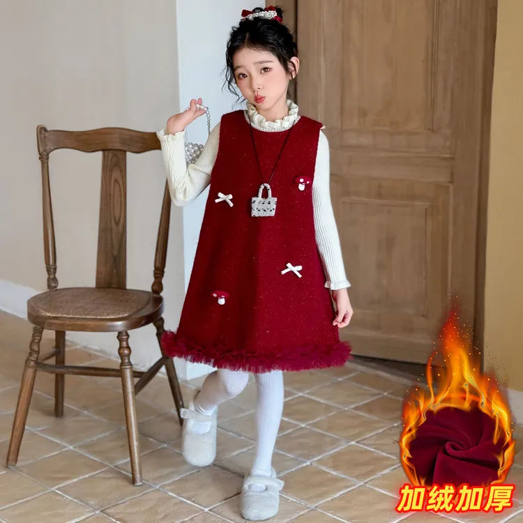 女童连衣裙加绒秋冬加厚新款套装儿童洋气背心拜年服裙子两件套潮
