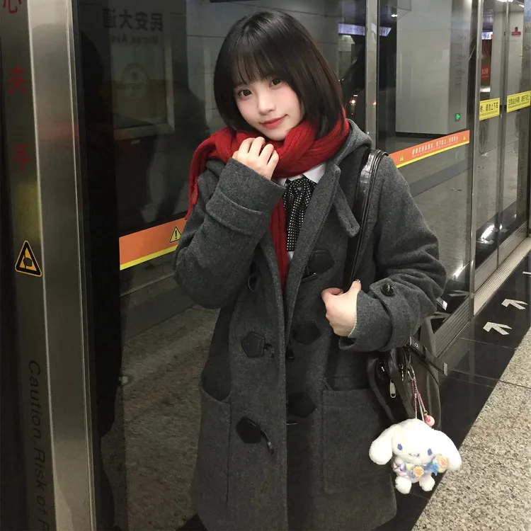 牛角扣双面绒呢子大衣女2025冬季新款学院风jk小个子连帽毛呢外套