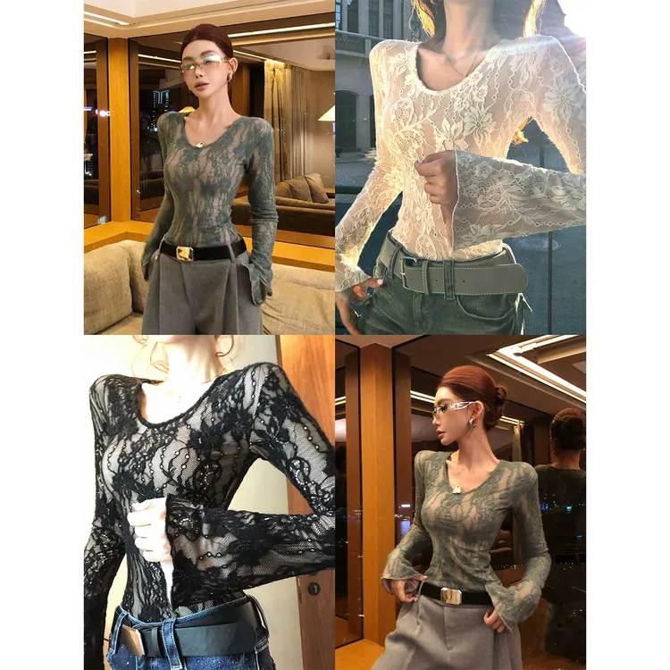 婉君【自发热蕾丝】内里磨毛带弹性双层浮雕蕾丝上衣LWJ25D4T3886