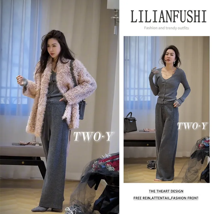 今年流行穿搭2025新款宽松长袖外套假两件针织衫阔腿休闲裤三件套