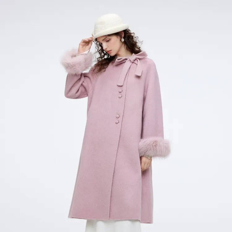 可可尼COCOON骆驼绒立领蝴蝶结设计通勤毛呢外套