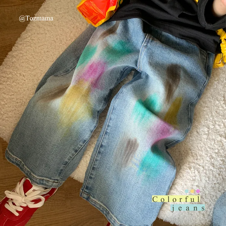 豆几妈  儿童秋季彩色涂鸦宽松牛仔裤秋款休闲裤男童裤子潮