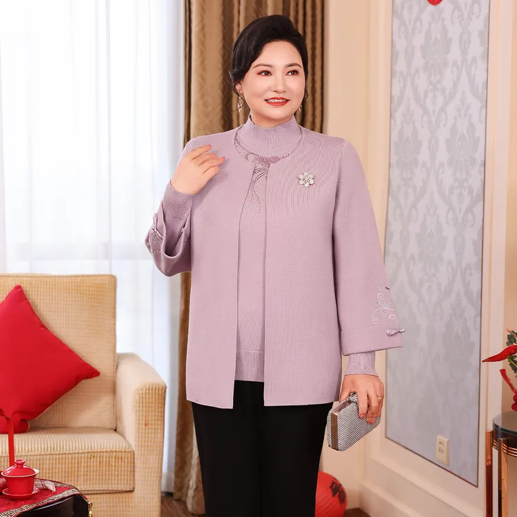 菲姐大码妈妈高贵上档次毛衣上装柔软舒适针织套装阔太太中年女装