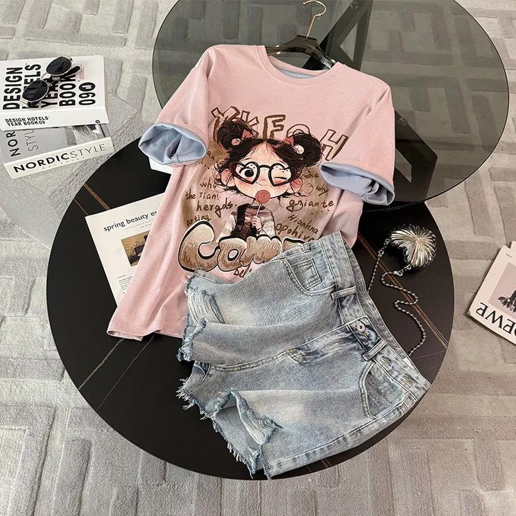 韩版休闲时尚套装女夏个性简约圆领印花刺绣上衣牛仔短裤两件套潮