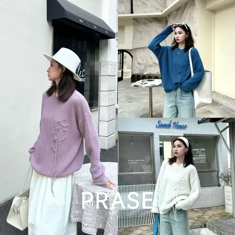 PRASE·噜【蓝星花】微胖绵羊毛宽松软糯立体钩花圆领毛衣女PR511E31