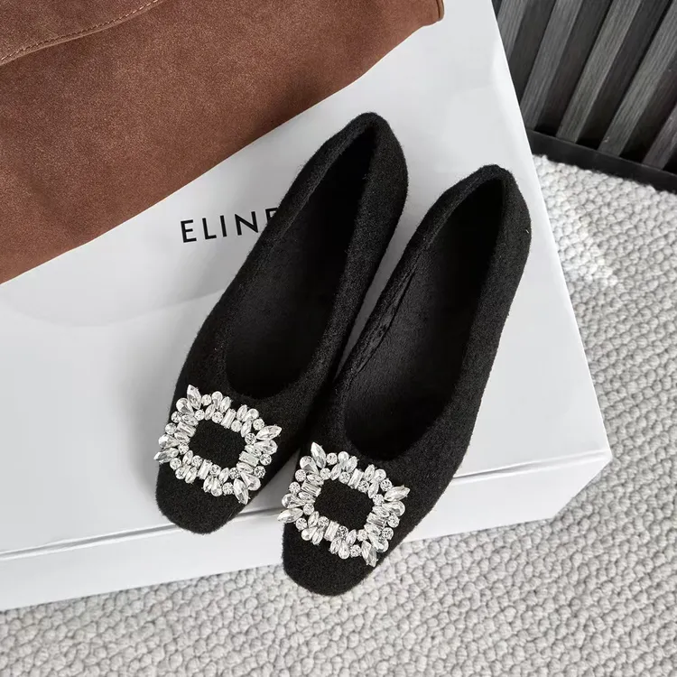 增高3cm水钻气质毛毛鞋女秋冬外穿2025年韩版仙女方头豆豆鞋加绒