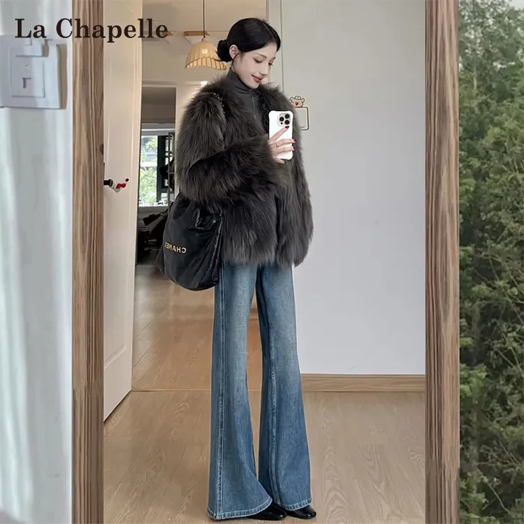 拉夏贝尔加绒复古微喇牛仔裤女秋冬2025新款高腰显瘦不贴腿喇叭裤