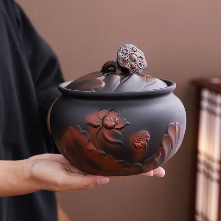 紫陶荷韵茶叶罐大中号密封储物罐精品高端家用储存罐装普洱密封罐