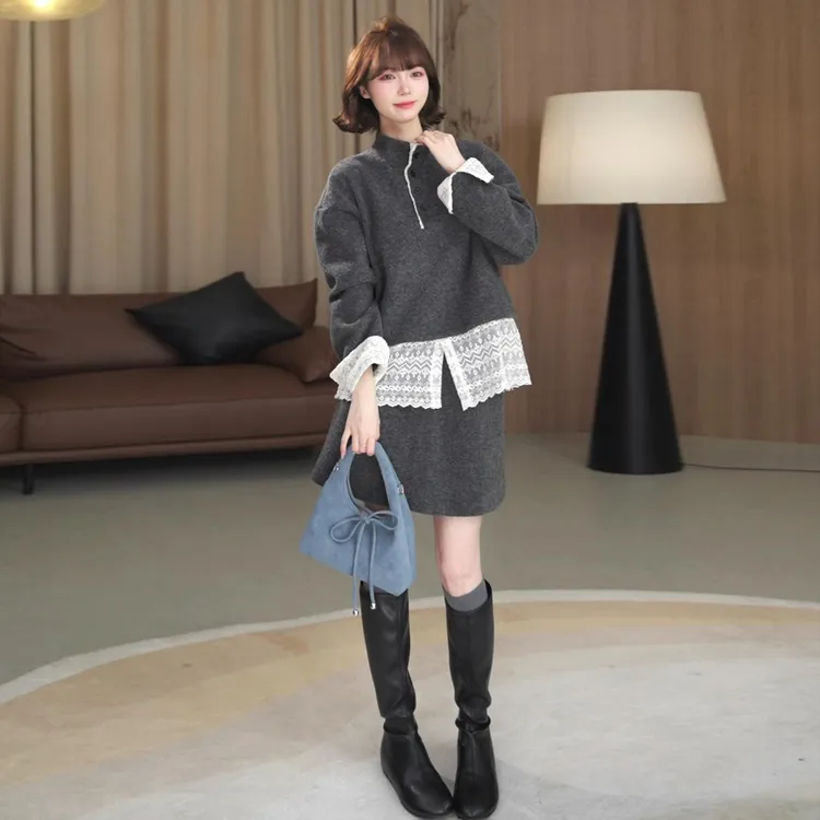 拉夏贝尔蕾丝拼接半高领套装女2025秋冬季新款加绒卫衣短裙两件套