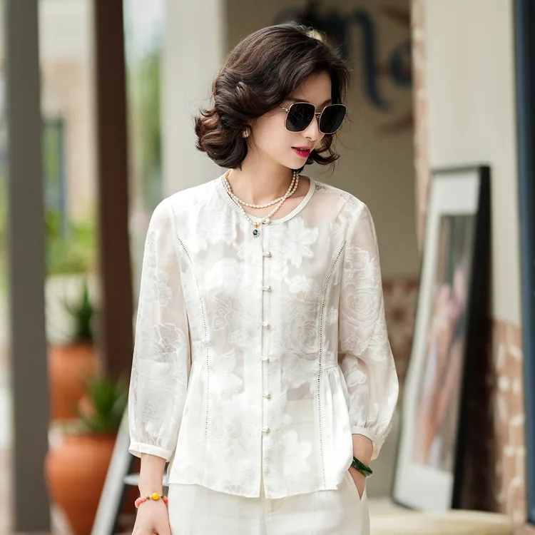 西子/【花想容】桑蚕丝提花手工剪花贵气透感收腰显瘦上衣/SYXS060