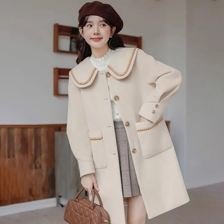 法式甜美娃娃领毛呢外套女2025秋冬季新款中长款高级感超好看大衣