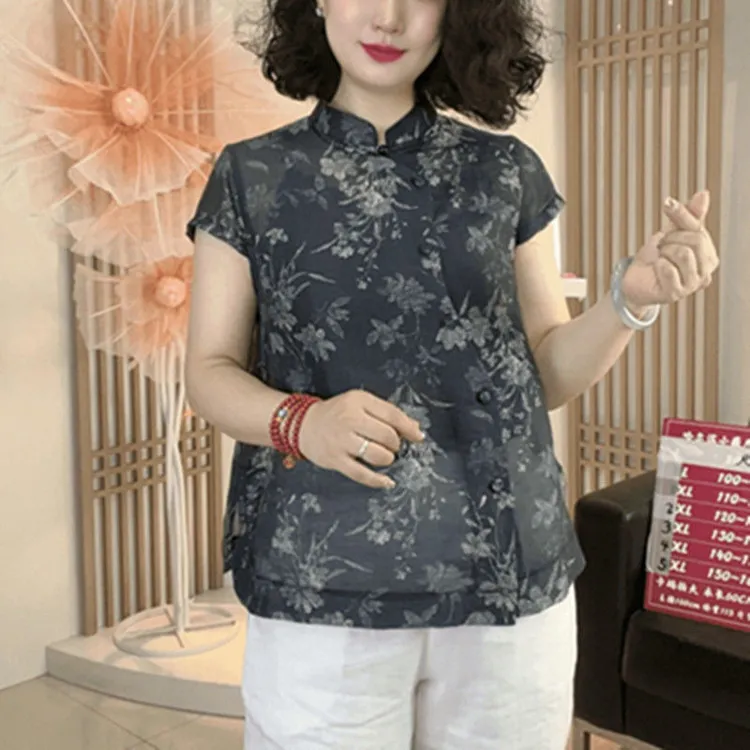 新中式高档洋气网红新款盘扣设计高档短袖立领妈妈装舒适遮肉上衣