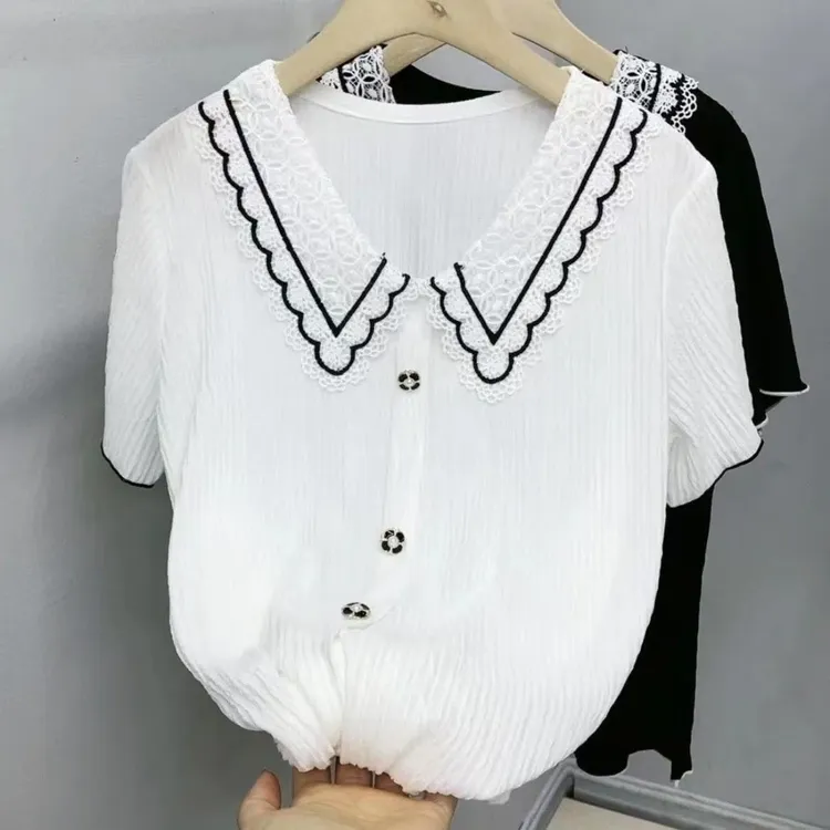 欧洲站蕾丝花边打底衫设计感短袖拼接小衫小香风洋气褶皱雪纺衫潮