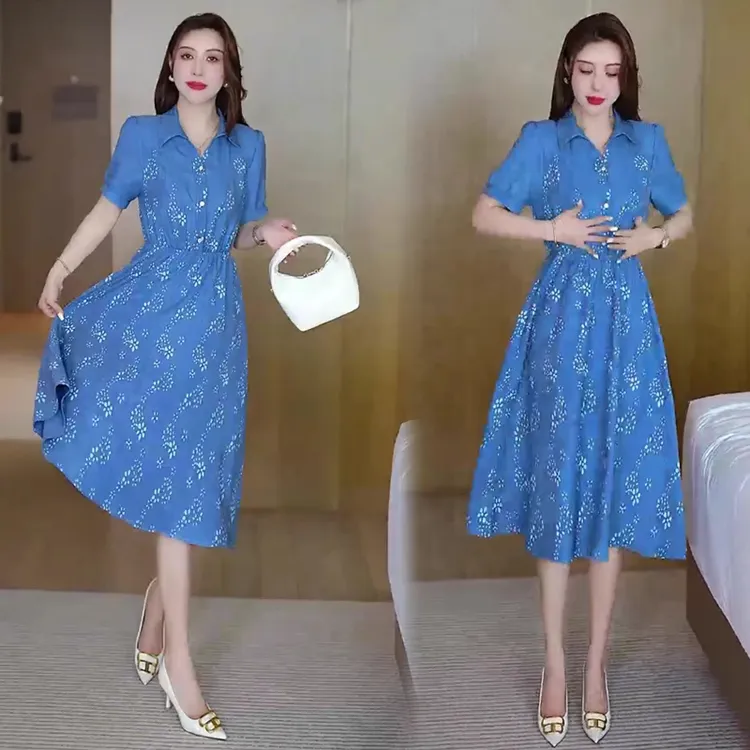 印花连衣裙女2025新款收腰显瘦半开式裙子百搭遮肚子减龄中长款裙