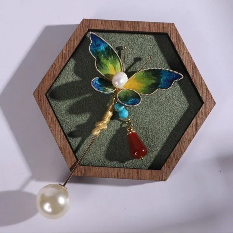 锌合金羽毛胸针 千里江山色蝴蝶蚕丝掐丝绒花胸花胸针小众设计日