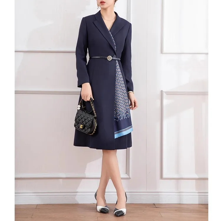 23553-1 秋冬新款撞色西装连衣裙高级感法式收腰通勤长袖气质裙子