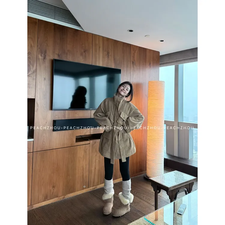 『PEACHZHOU』灯芯绒毛毛工装口袋收腰系带宽松休闲中长款棉服外套