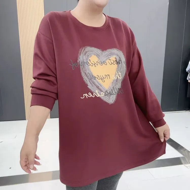 女韩版长袖圆领卫衣纯色爱心图案洋气长袖衫