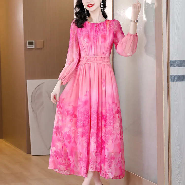 doumpp品质保证真丝连衣裙春夏新款收腰显瘦气质名媛碎花裙精致桑