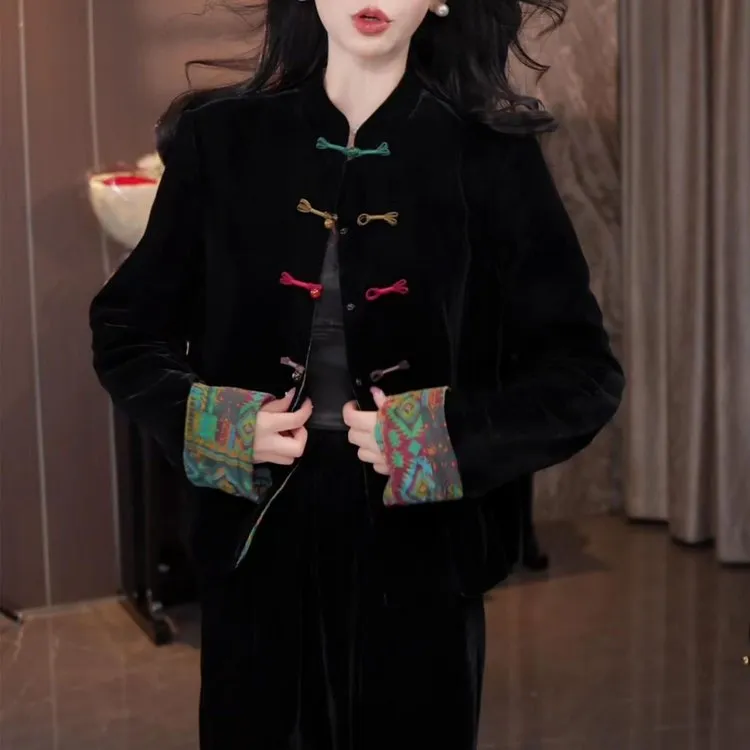 高级感气质国风丝绒上衣女2025秋季新款洋气显瘦百搭新中式短外套