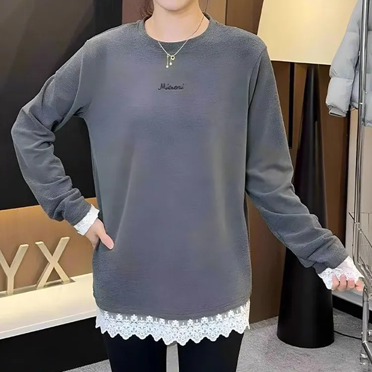 大码韩版蕾丝拼接加绒中长款打底衫早秋长袖t恤内衬打底女士上衣