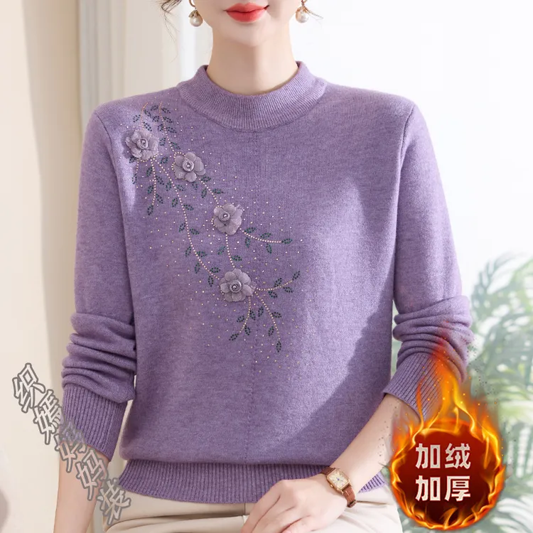 妈妈秋冬装加绒加厚半高领针织毛衣中老年女装一体绒时尚保暖上衣